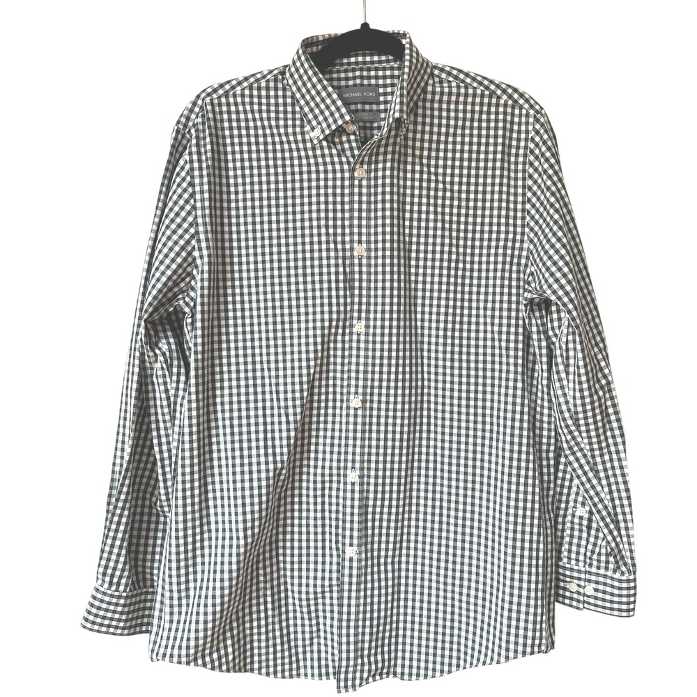 Michael Kors Airsoft Cotton Gingham Button Down Shirt Green Mens Regular Fit